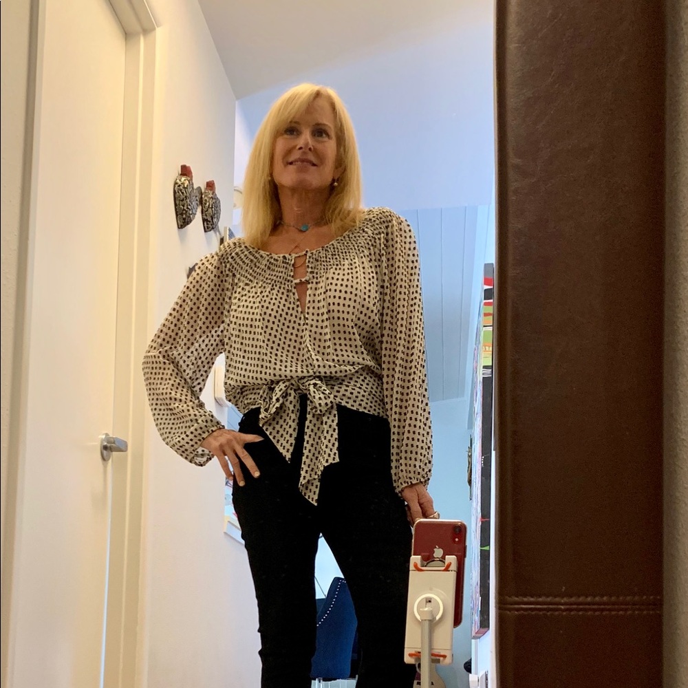 BCBGMaxAzria Cream Blouse with Black Dot Print and Tie Front